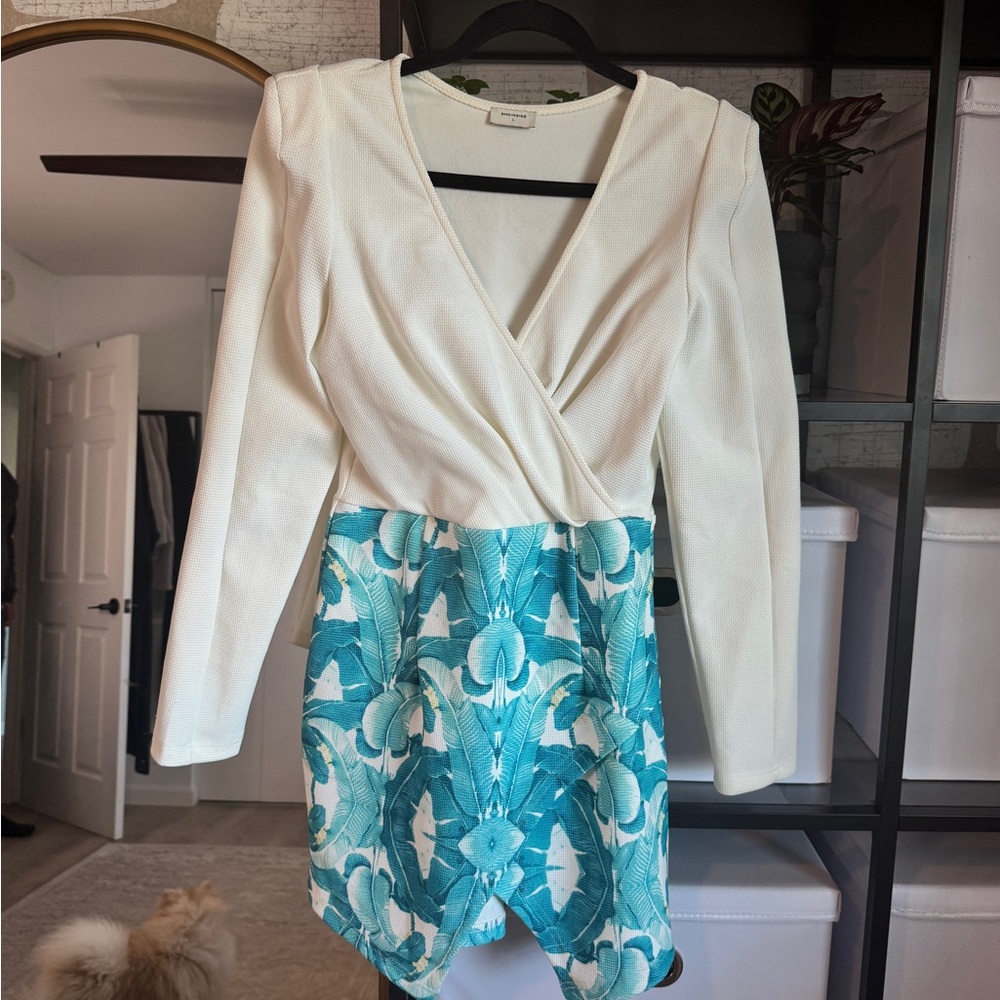 Elegant White and Blue Floral Dress